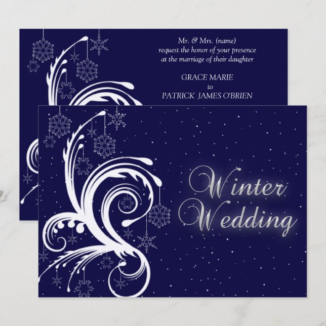 Faire-part de mariage hivernal, flocons de neige e (Devant / Derrière)