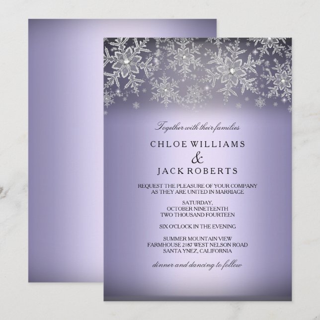 Faire-part de mariage hivernal violet Flocon de ne (Devant / Derrière)