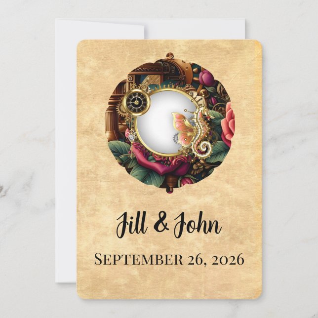 Faire-part de mariage horloge Steampunk Dark Acade (Devant)
