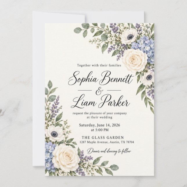 Faire-part de mariage Hydrangea Bleu Rose Ivoire (Devant)