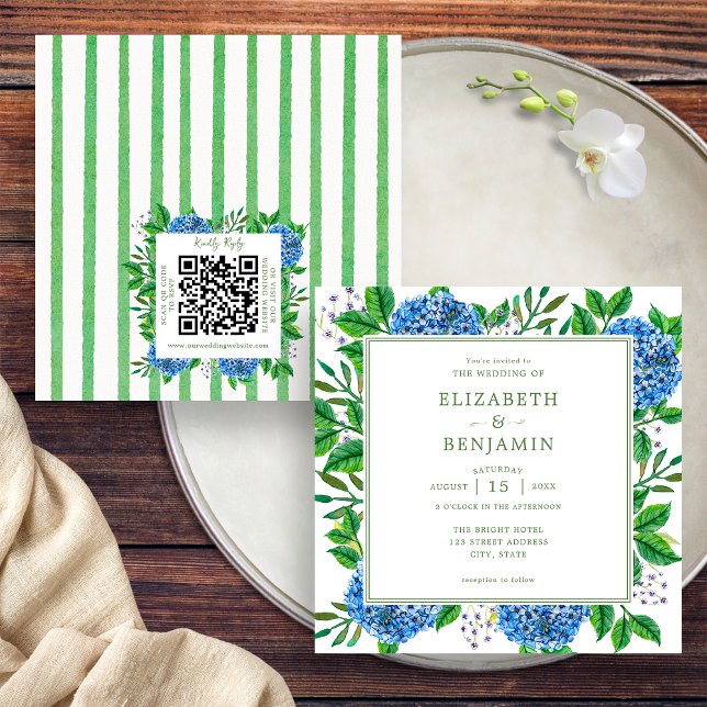 Faire-part de mariage Hydrangea bleue avec QR code (Front / Back)