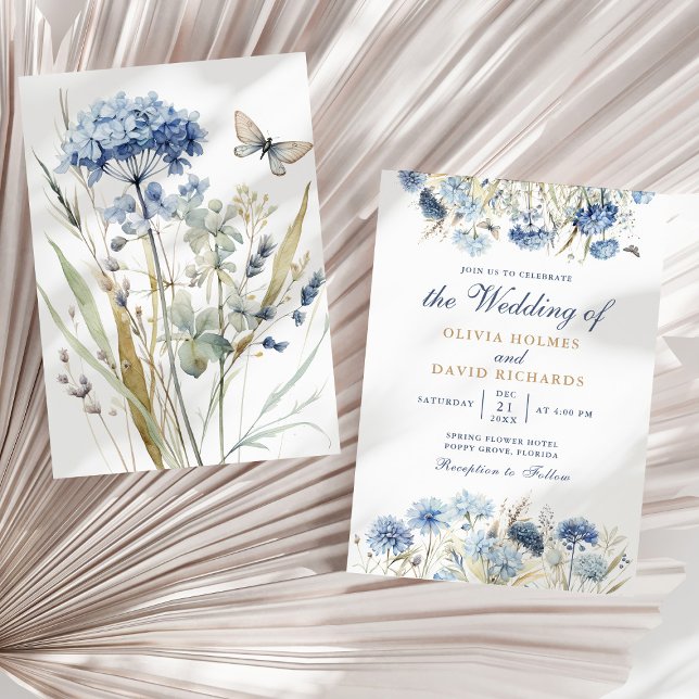 Faire-part de mariage Hydrangea Champagne Bleu Pou (Boho French Blue Wildflower Meadow Wedding Invite on a sunny boho neutral dry palm leaf.)