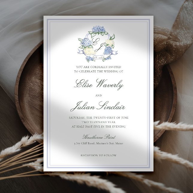 Faire-part de mariage Hydrangea Crest Formal Blue  (hydrangea wedding invitation coastal cottagecore romantic garden formal elegant crest)