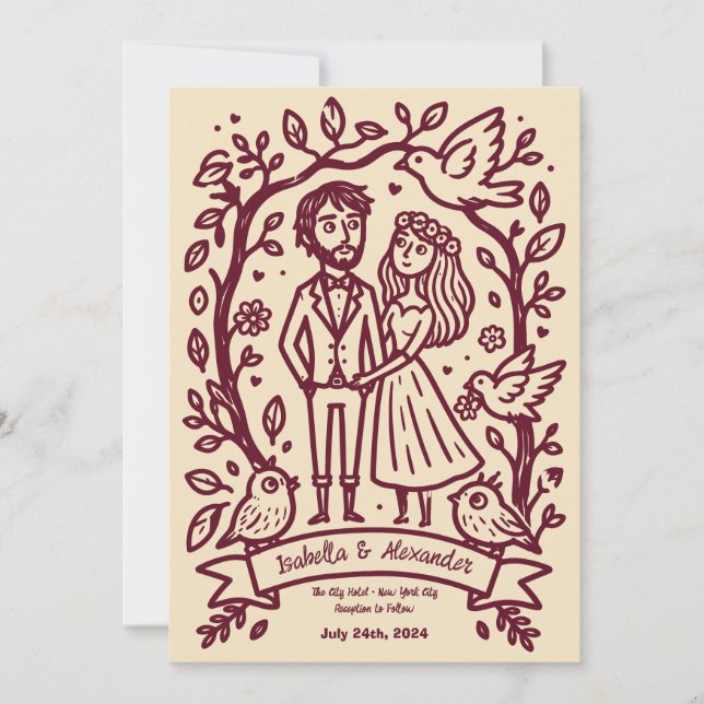 Faire-part de mariage illustré à la main de manièr (Devant)