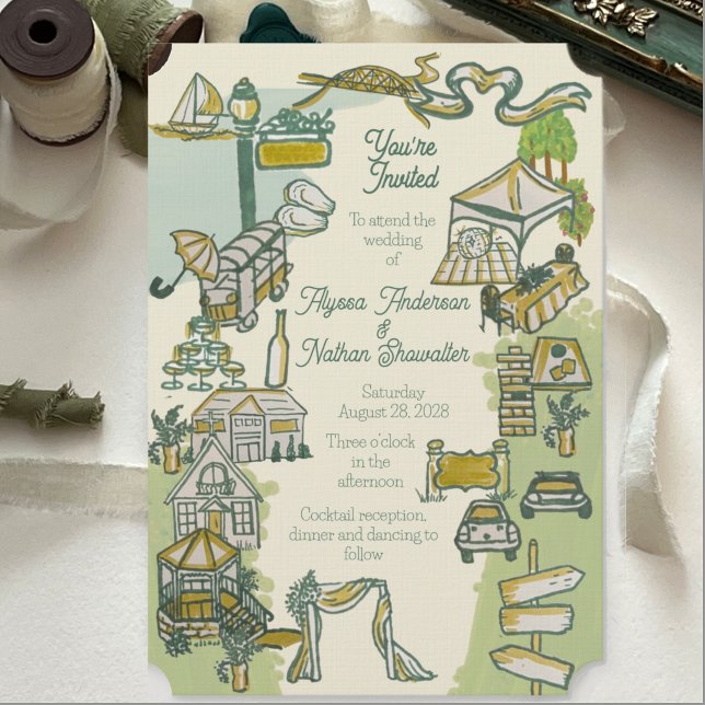 Faire-part de mariage illustré de la ville côtière (Créateur téléchargé)