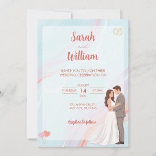 Faire-part de mariage illustré pastel bleu pour co