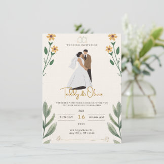 Faire-part de mariage illustré simple vert crème