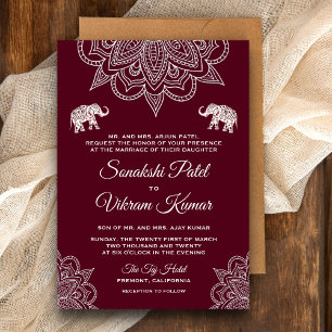 Faire-part de mariage indien élégant burgundy henn