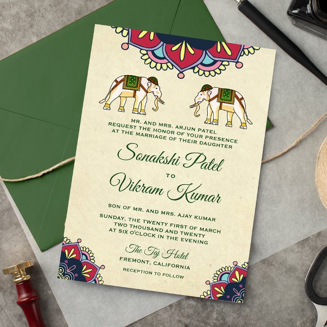 Faire-part de mariage indien éléphant traditionnel (Créateur téléchargé)