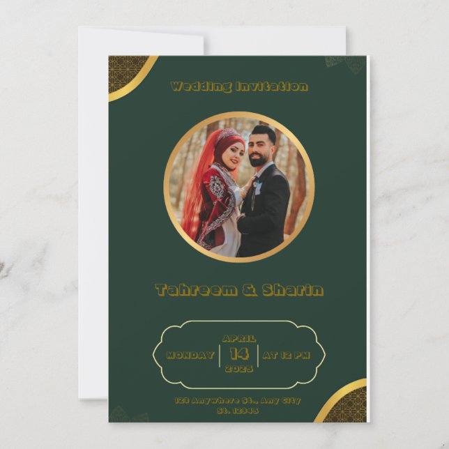 Faire-part de mariage indien vert foncé et or (Devant)