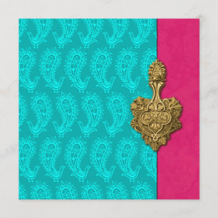 Faire-part de mariage indienne Aqua Paisley Peacoc