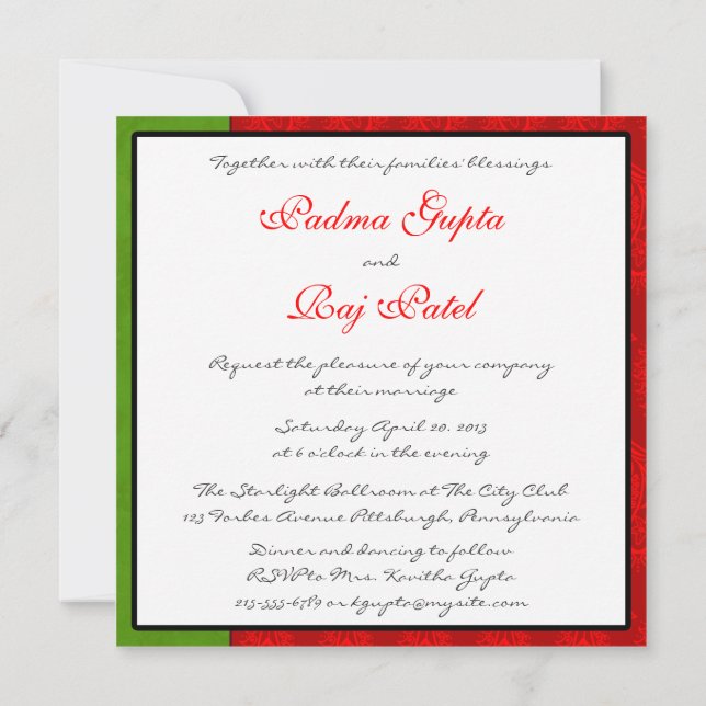 Faire-part de mariage indienne de Red Paisley Peac (Dos)