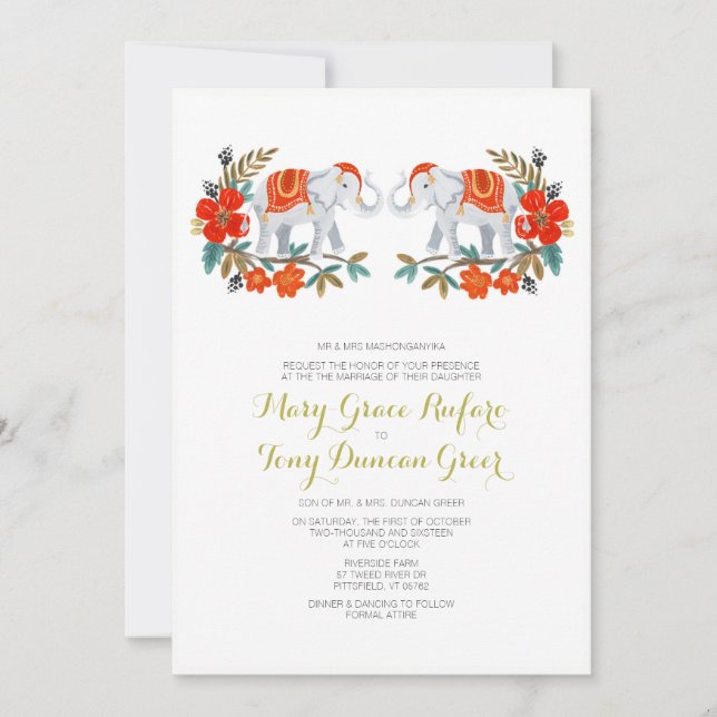 Faire-part de mariage indienne des éléphants (Devant)