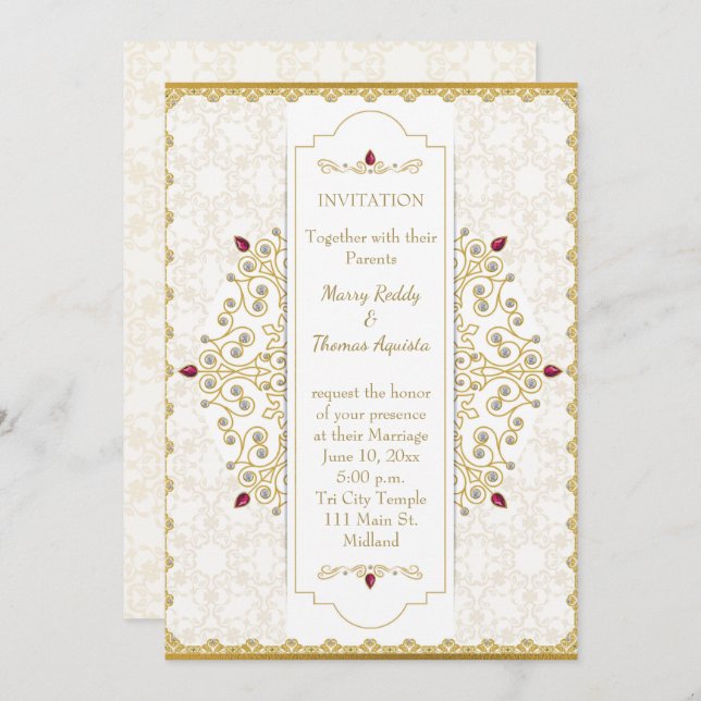 Faire-part de mariage indienne d'or hindou (Devant / Derrière)