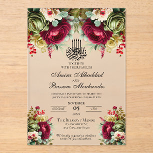 Faire-part de mariage islamique floral bordeaux