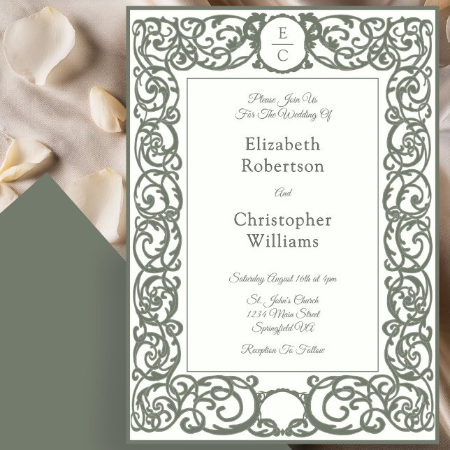 Faire-part de mariage ivoire et vert avec monogram (Créateur téléchargé)