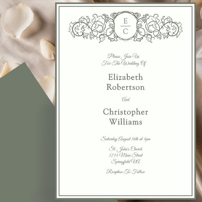 Faire-part de mariage ivoire et vert avec monogram (Créateur téléchargé)
