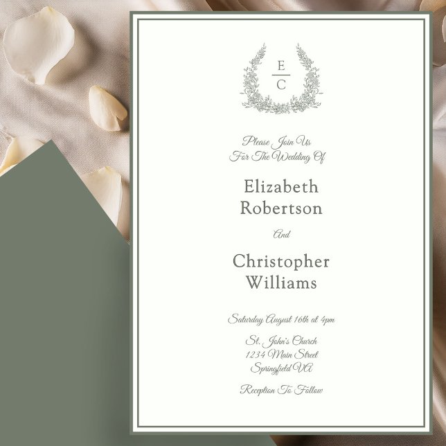 Faire-part de mariage ivoire et vert avec monogram (Créateur téléchargé)