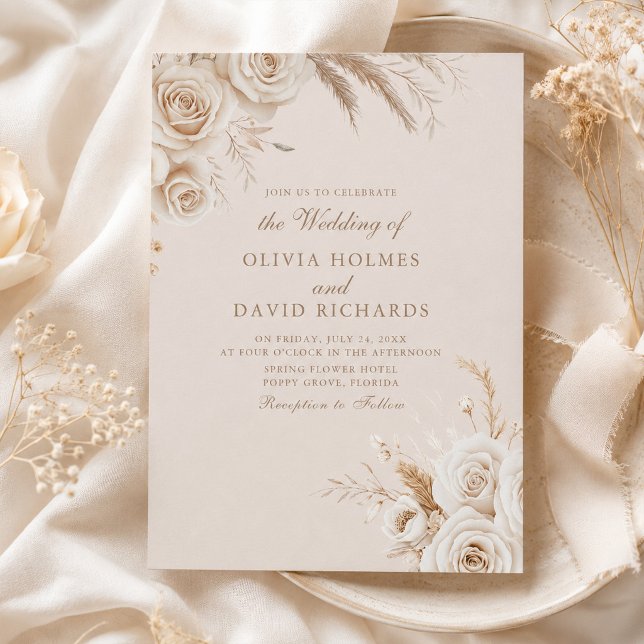 Faire-part de mariage Ivory Roses & Dried Flowers (Ivory Roses & Dried Flowers Wedding Invitation with ivory flowers)