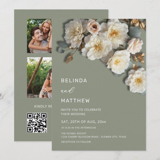 Faire-part de mariage Ivory Roses Fleurs 3D Vert S (Devant / Derrière)