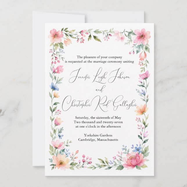 Faire-part de mariage jardin à l'aquarelle (Devant)