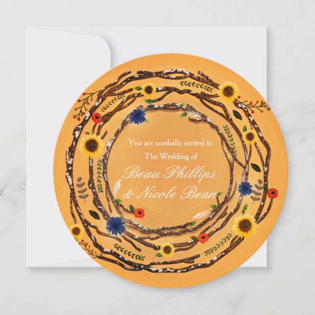 Faire-part de mariage jaune floral et branches rus (Devant)