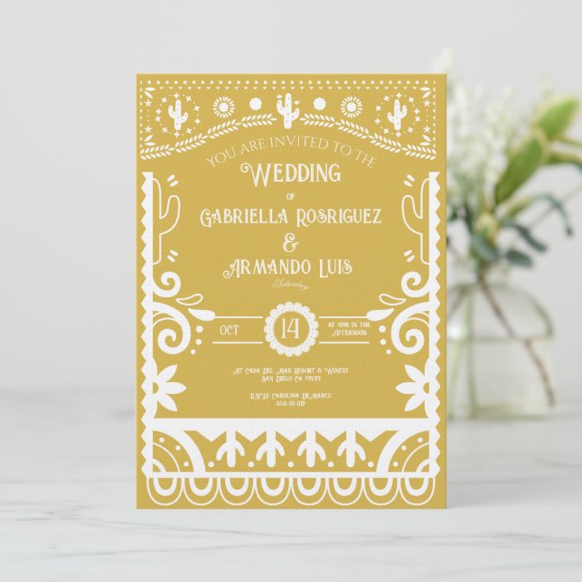 Faire-part de mariage jaune moutarde et blanc Pape (Debout devant)