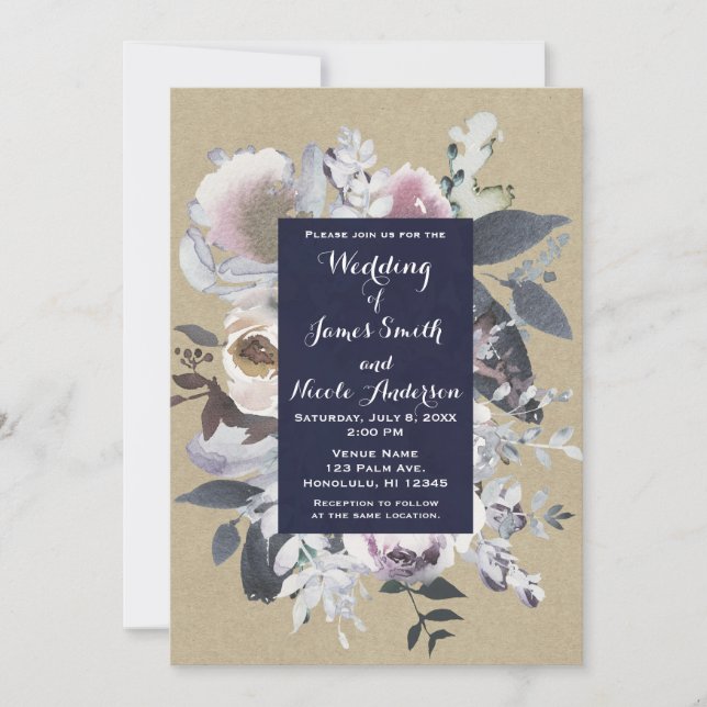 Faire-part de mariage kraft bleu glamour floral ru (Devant)