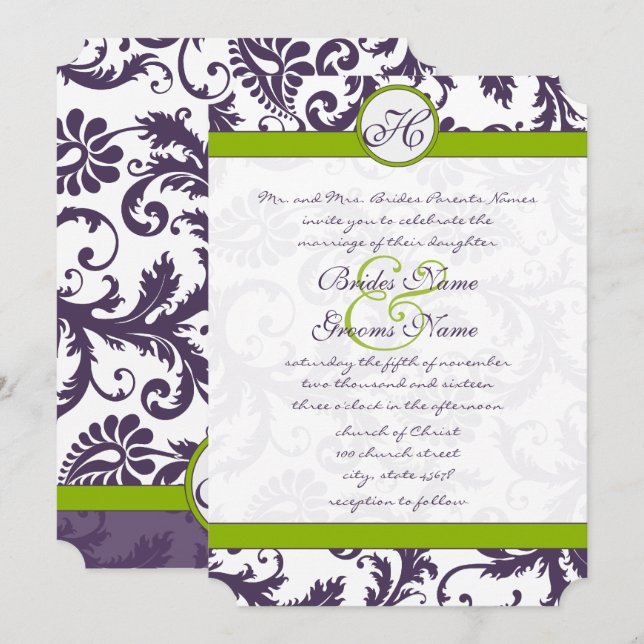 Faire-part de mariage Lapis Violet Damassé de Verd (Devant / Derrière)
