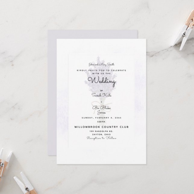 Faire-part de mariage lavande, parents de la marié (Devant/Arrière en situation)