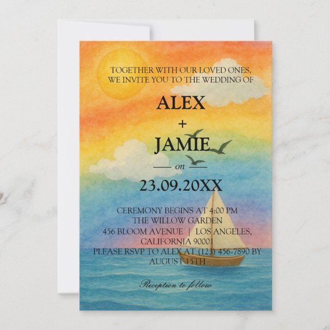 Faire-part de mariage LGBT Rainbow Ocean Sunset (Devant)