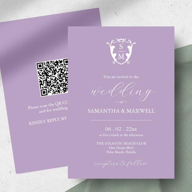 Faire-part de mariage Lilac avec code QR (Wedding Invitations Lavender monogram QR code crest art by Victoria Grigaliunas of Do Tell A Belle)