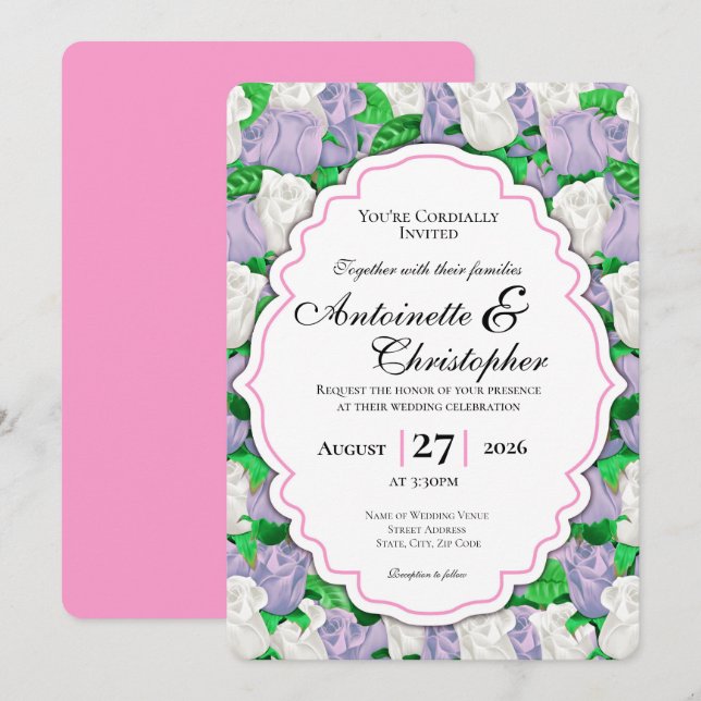 Faire-part de mariage Lilas & Rose Blanche avec Bo (Devant / Derrière)