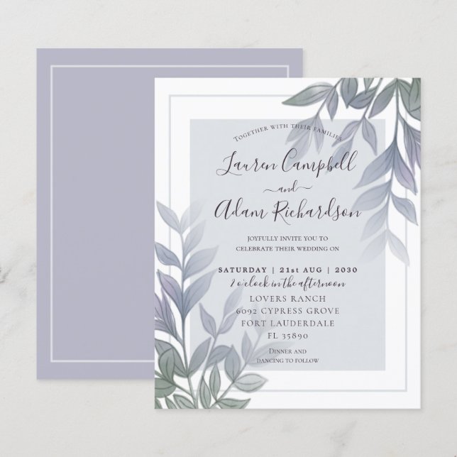 Faire-part de mariage lilas violet feuillage budge (Devant / Derrière)