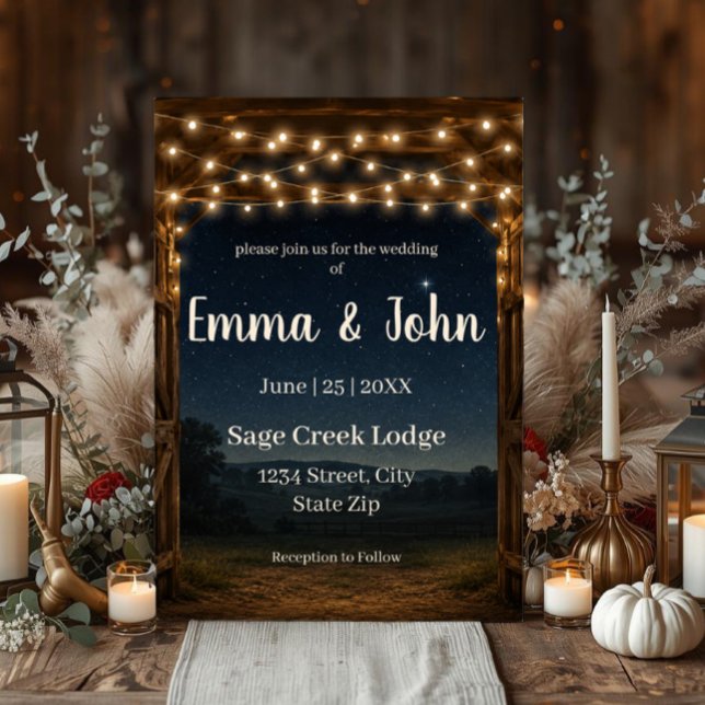 Faire-Part de Mariage Lumières de Guirlande de Gra (Rustic barn wedding invitation with string lights and starry sky for country and lodge weddings.)