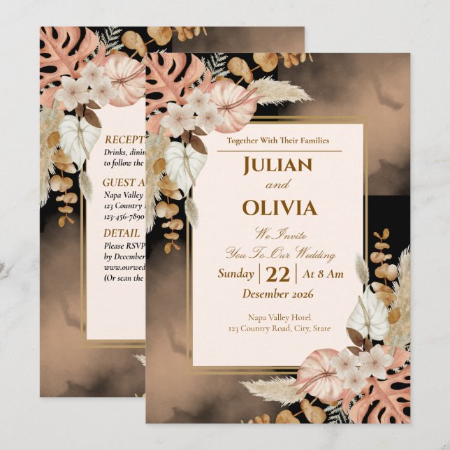 Faire-part de mariage Luxe Boho Noir et Marron (Devant / Derrière)
