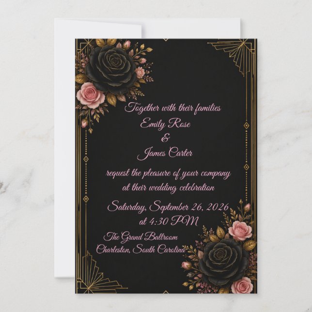 Faire-part de mariage Luxe Noir Or & Rose Blush (Devant)