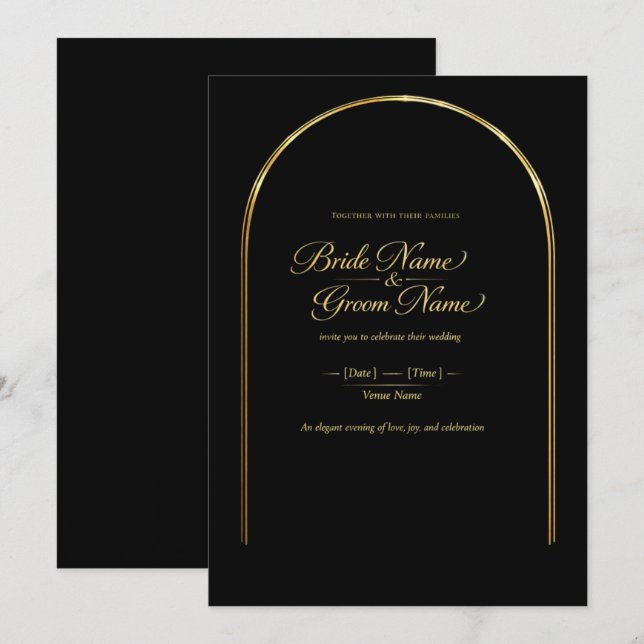 Faire-Part de Mariage Luxe Or | Élégant Noir & O (Devant / Derrière)