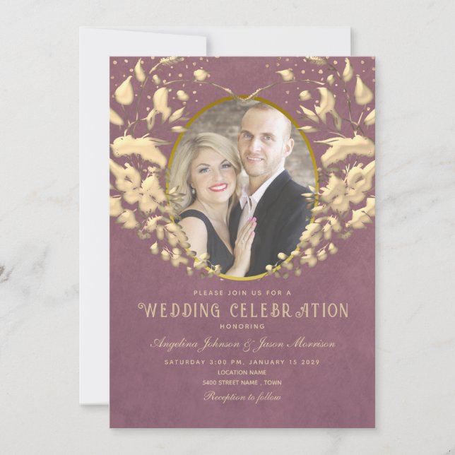 Faire-part de mariage luxe or et violet (Devant)