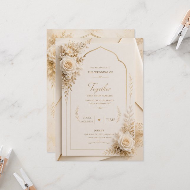 Faire-part de mariage luxe or ivoire (Devant/Arrière en situation)