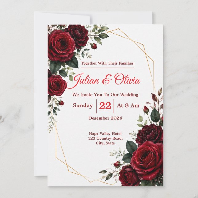 Faire-part de mariage Luxe Rouge Bourgogne Rose (Devant)