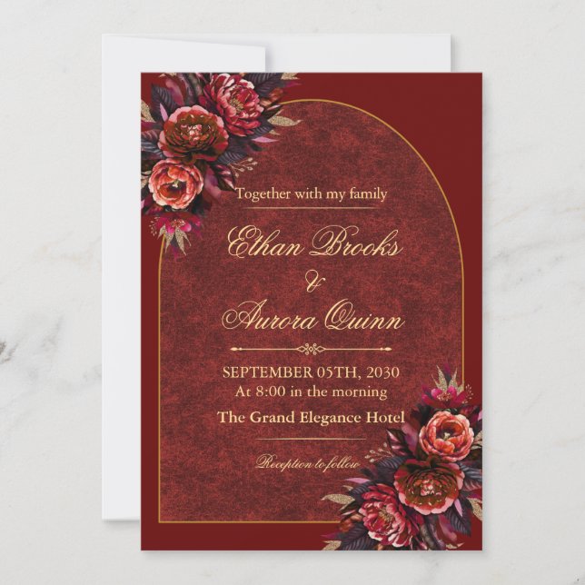 Faire-part de mariage luxueux bordeaux et or (Devant)