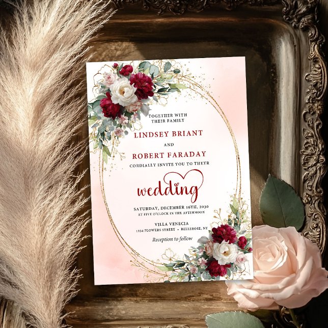 Faire-part de mariage luxueux floral boho Bourgogn (Burgundy Boho Floral Luxury Wedding Invitation)