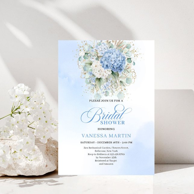 Faire-part de mariage luxueux Hydrangea Bleu Or (Luxury Blue Hydrangea Bridal Shower Gold Invitation)