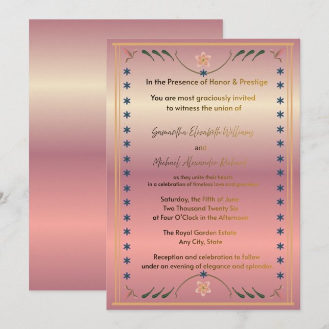 Faire-part de mariage Luxueux Rose Gold – Flor Élé (Devant / Derrière)