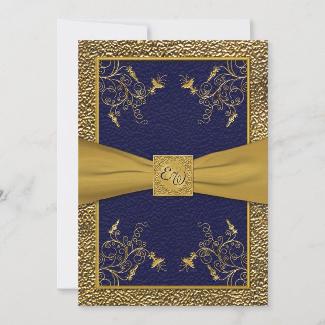 Faire-part de mariage Majestic Navy et Gold Monogr (Devant)