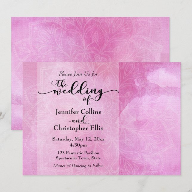 Faire-part de mariage mandala aquarelle rose profo (Devant / Derrière)