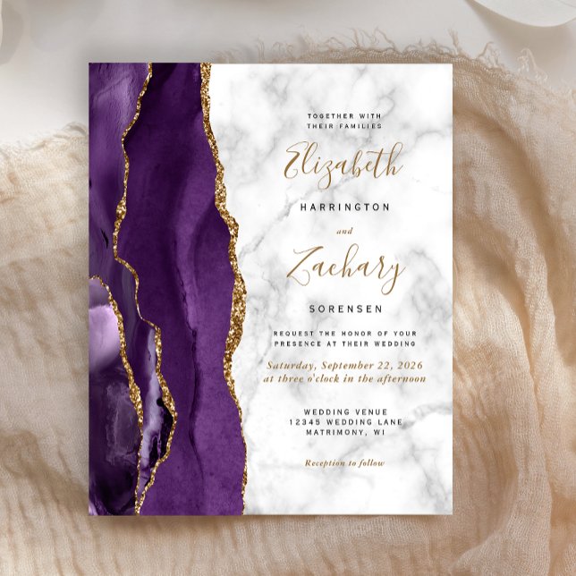 Faire-part de mariage Marbre Agate Or Violet Budge (Créateur téléchargé)