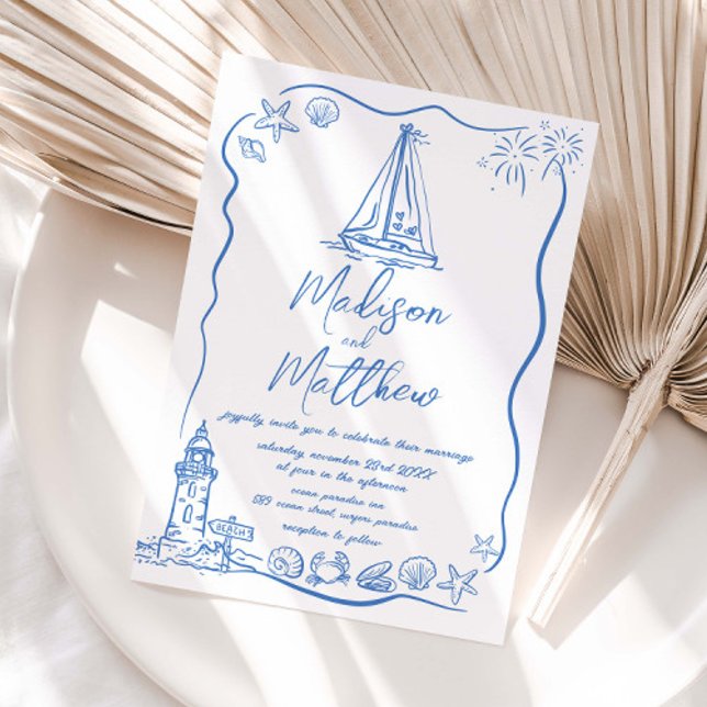 Faire-part de mariage marin et plage avec dessins  (Créateur téléchargé)