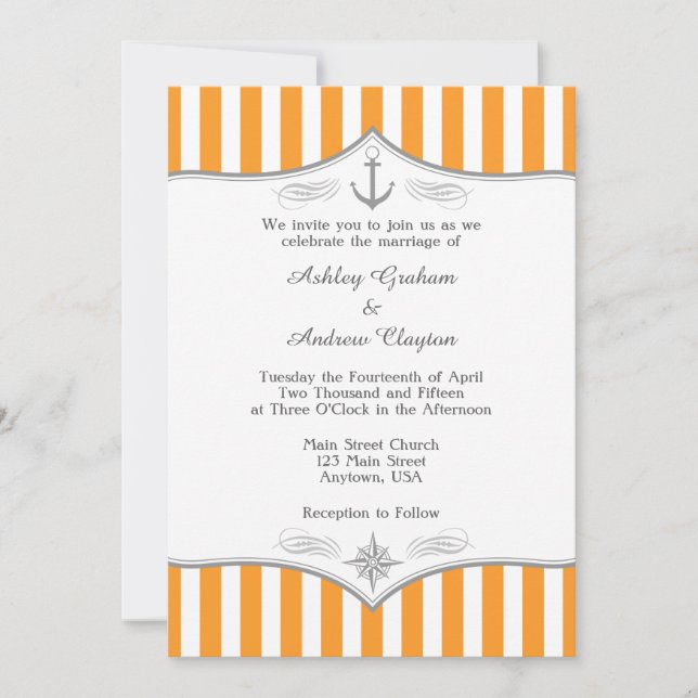 Faire-part de mariage marine gris-blanc orange (Devant)